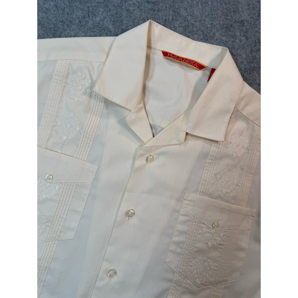 Vintage Havanera Co Mens‎ Guayabera Shirt Cream Embroidered Short Sleeve Small